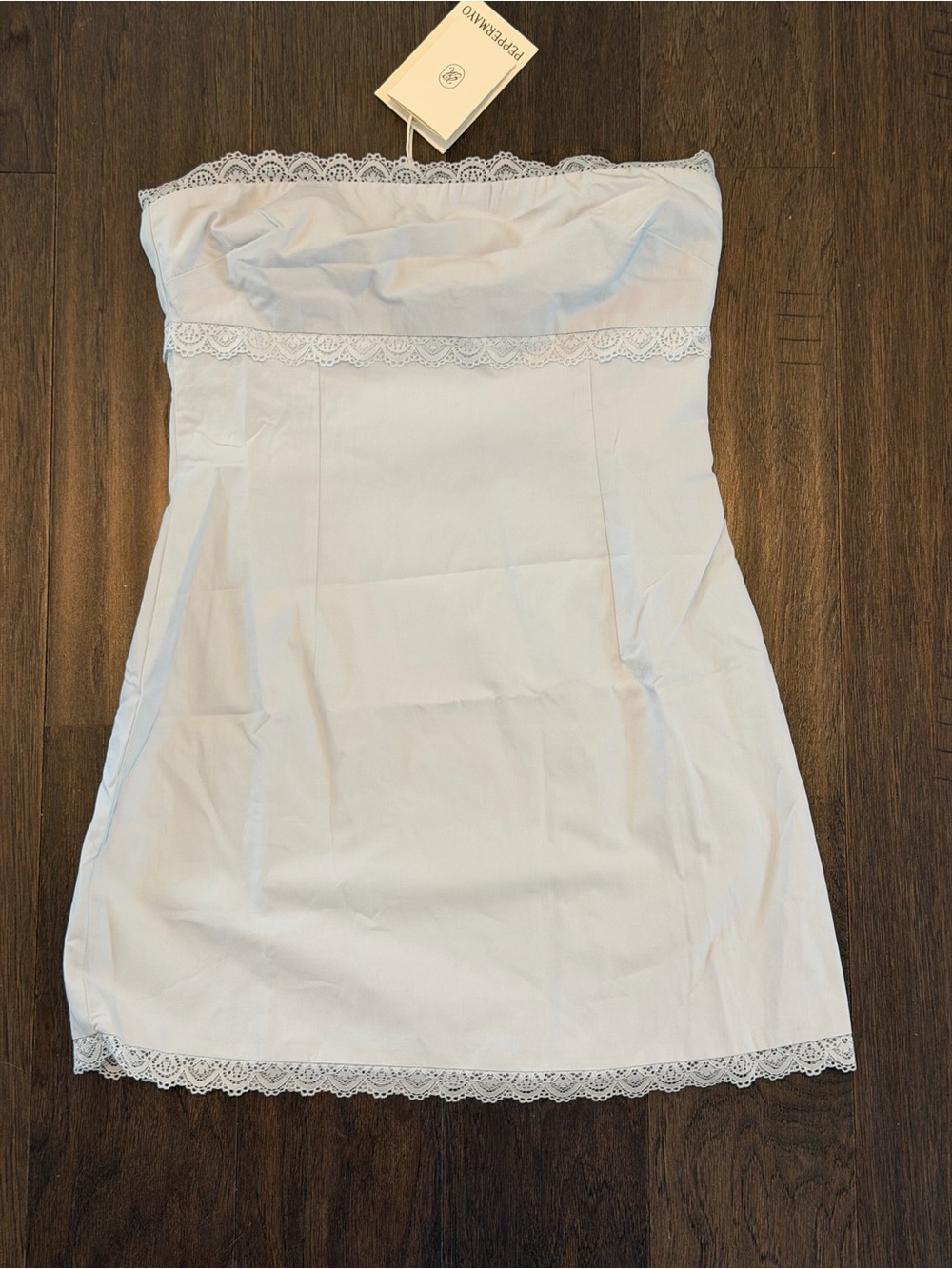 Peppermayo Strapless White Lace-Trim Mini Dress for Homecoming